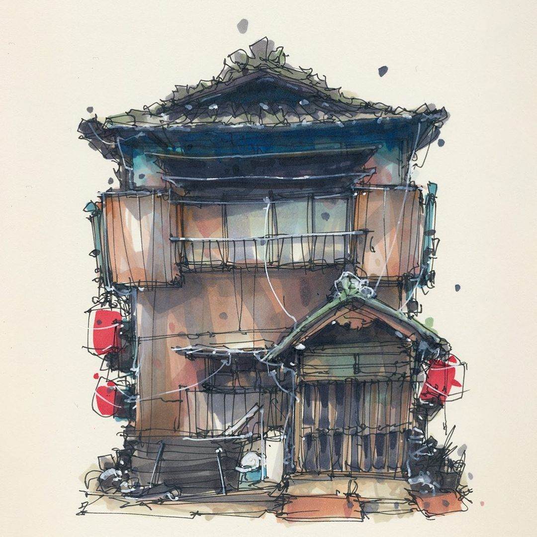 Drawing of houses with copic colors