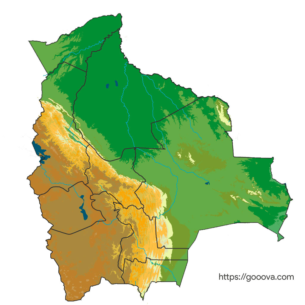 mapa físico de Bolivia con montañas y ríos