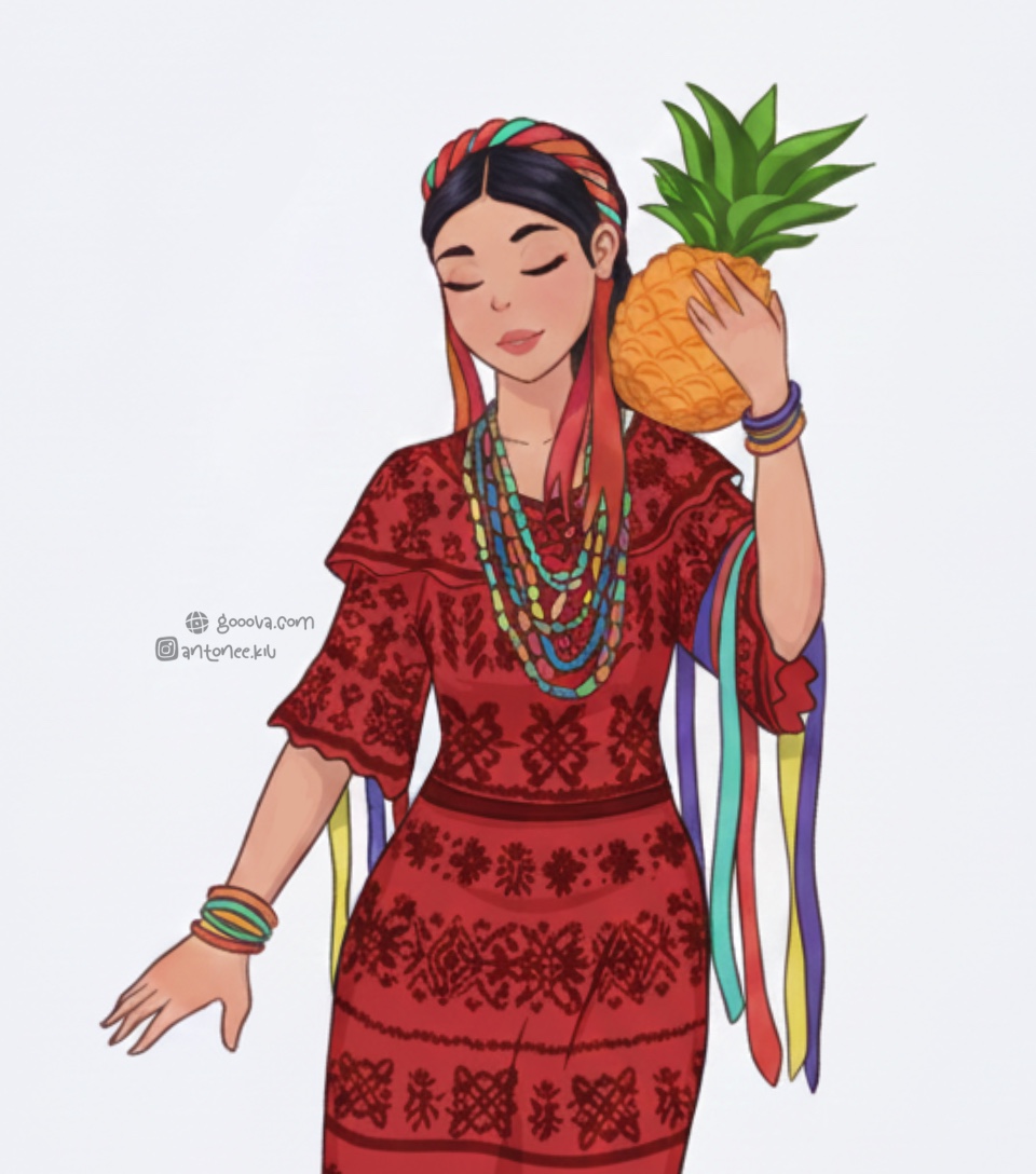 La danza de la piña con vestido rojo para dibujar