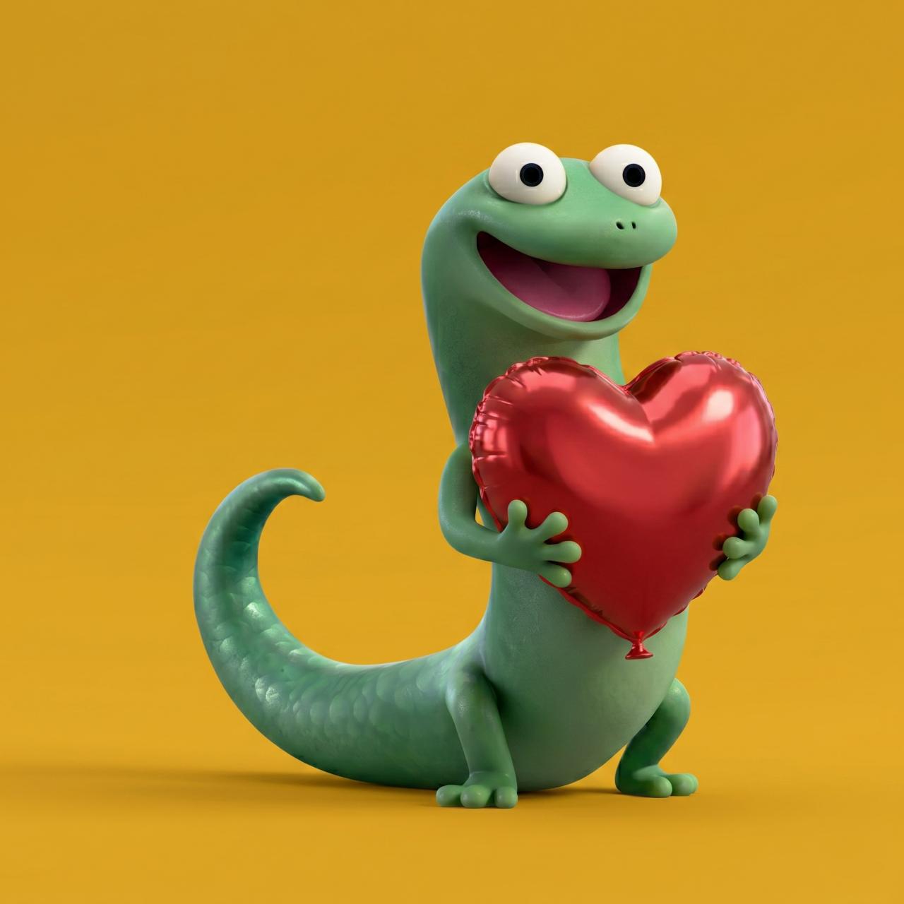 Lagartito de la película de Disney con corazón en brazos